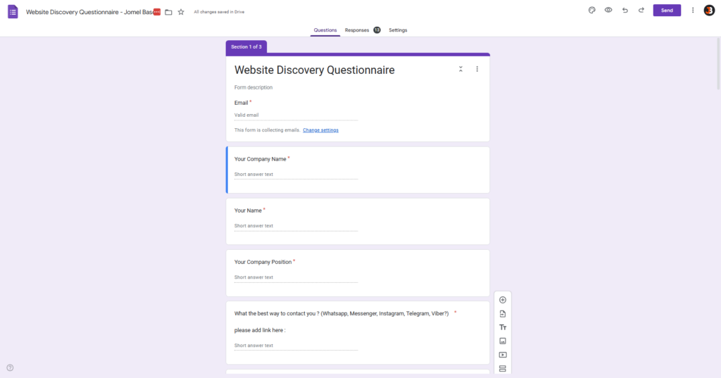 one day website service - discovery form