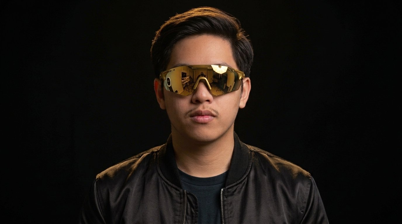 Jomel Basco in gold mirrored sport shades and a black bomber jacket