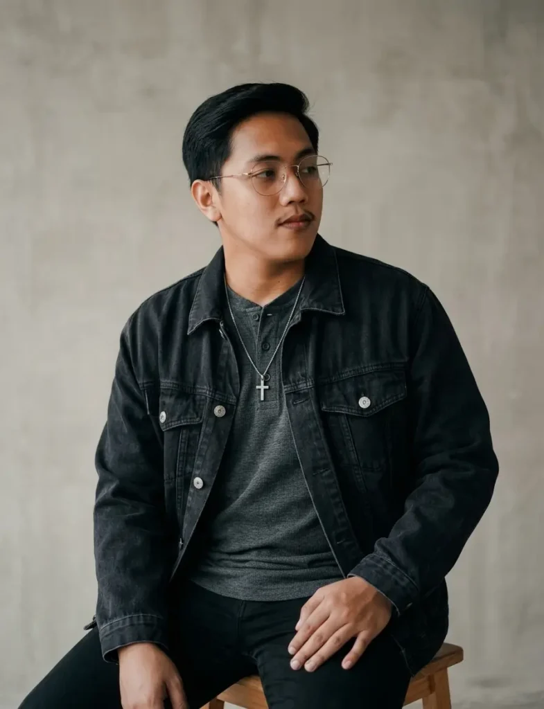 Jomel Basco seated on a wooden stool in a black denim jacket and round glasses, looking to the side against a grey concrete wall