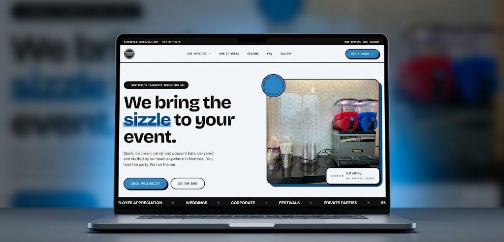 Events By Sizzle mobile bar rental website homepage shown on a laptop