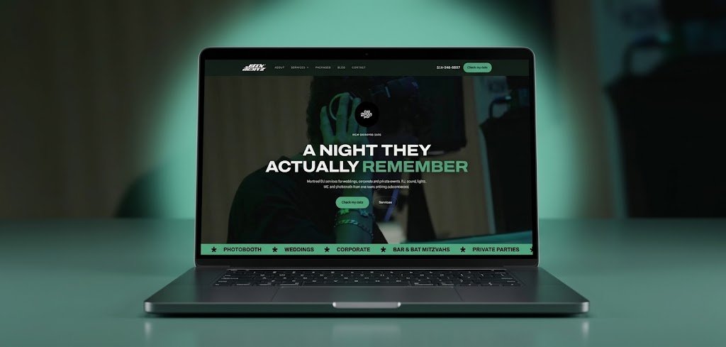 JDinBeatz DJ service website homepage shown on a laptop